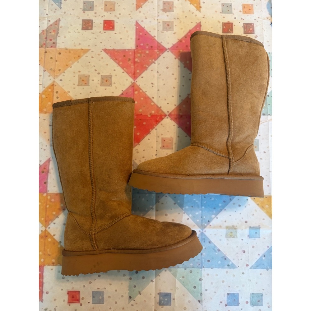 Sun Valley Womens 8M Chestnut Tan Faux Fur Lined Tall Platform Winter Boots